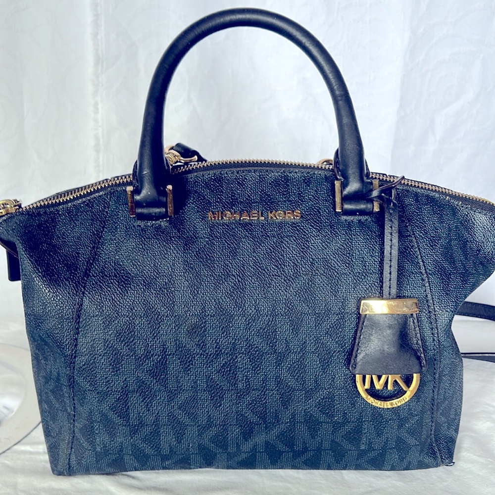 MICHAEL KORS blue and black signature Riley leather top zip medium size satchel.